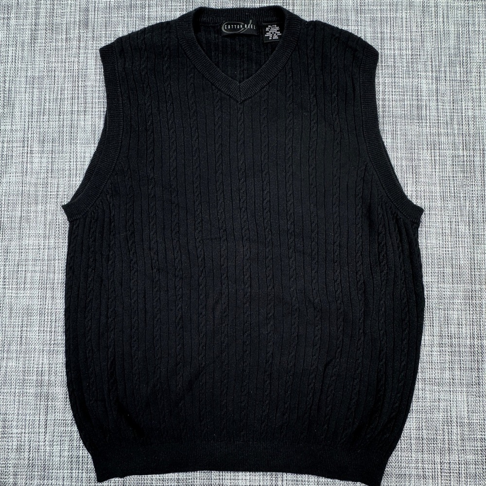Cotton Reel Men's Sweater Vest Black 85% Silk 15% Cashmere Cable Knit V-Neck XL